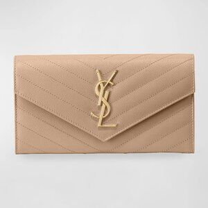 Saint Laurent Large YSL Grain de Poudre Leather Flap Wallet Dark Beige
